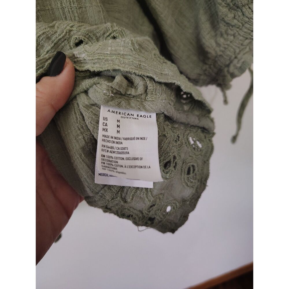 American Eagle Women’s Medium Olive Green Boho Eyelet Gauze Peasant Crop Top - Picture 6 of 6